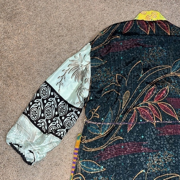 Guru For Life Upcycled Patchwork Mixed Floral Print 100% Silk Sari Kimono Boho - Picture 10 of 14